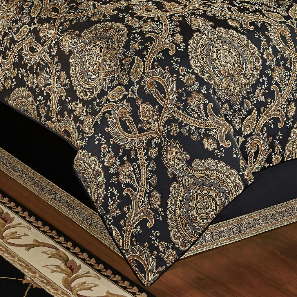 Bellevue Traditional Luxury Bedding | Elegant Tapestry-Style Medallions | Neutral Black & Metallic Gold | 7 Pc Bed Set: Oversized Queen Comforter, Bedskirt, 2 Standard Shams, and 3 Decorative Pillows