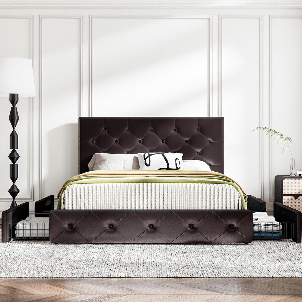 MUTICOR Full Size Bed Frame with 4 Storage Drawers, Upholstered Platform Bed with Button Tufted Adjustable Headboard, No Box Spring Needed, Easy Assembly, Diamond Tufted, Black Brown Leather
