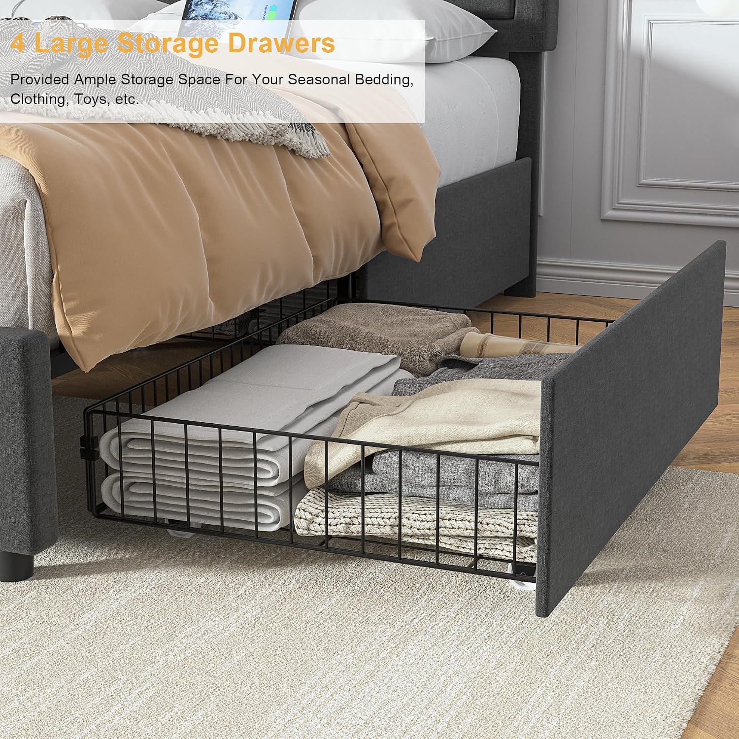 VECELO Full Size Bed Frame with 4 Drawers, Adjustable Tufted Button Headboard, Upholstered Platform with Wood Slats Support, Built-in USB and Type C Ports, Dark Gray