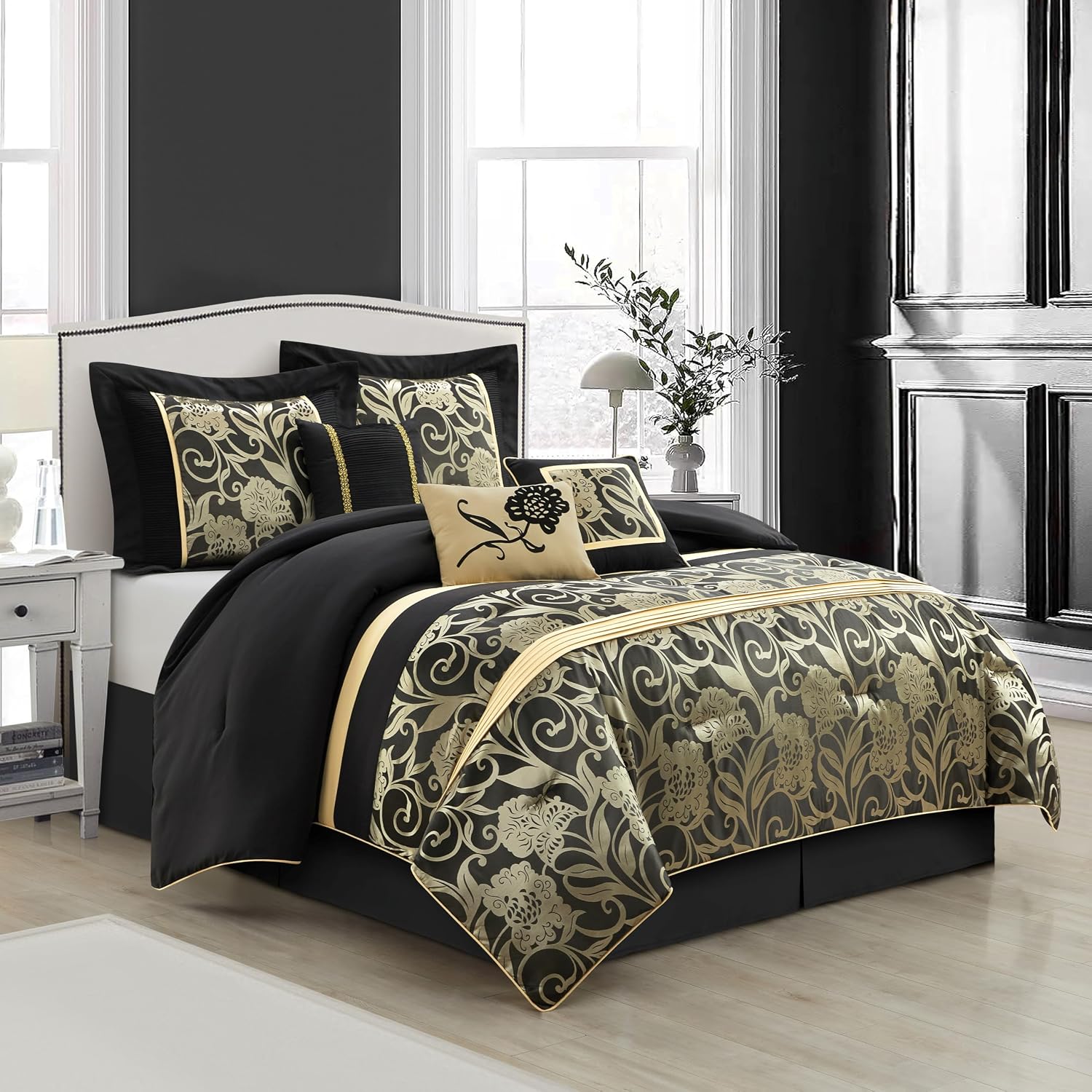 Grand Avenue Jacquard Floral Comforter Set, 7 Pieces King Black Bedding Set, Matching Pillows & Shams, Bed Skirt, Ultra-Soft, Lightweight Microfiber