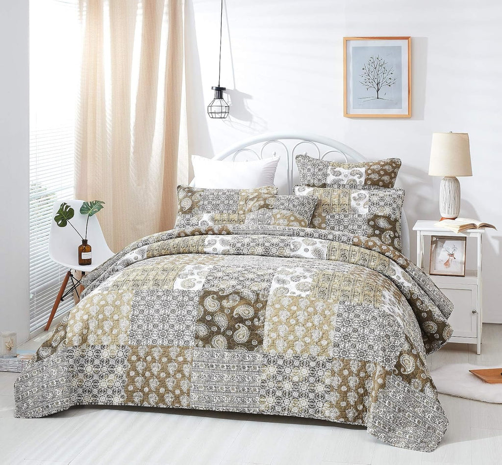 DaDa Bedding Bohemian Cotton Real Patchwork Floral Quilt Bedspread - Moroccan Dreams Filigree Paisley Olive Green Brown - Reversible Multi-Colorful Rustic Quilted Coverlet Set - Twin - 2-Pieces