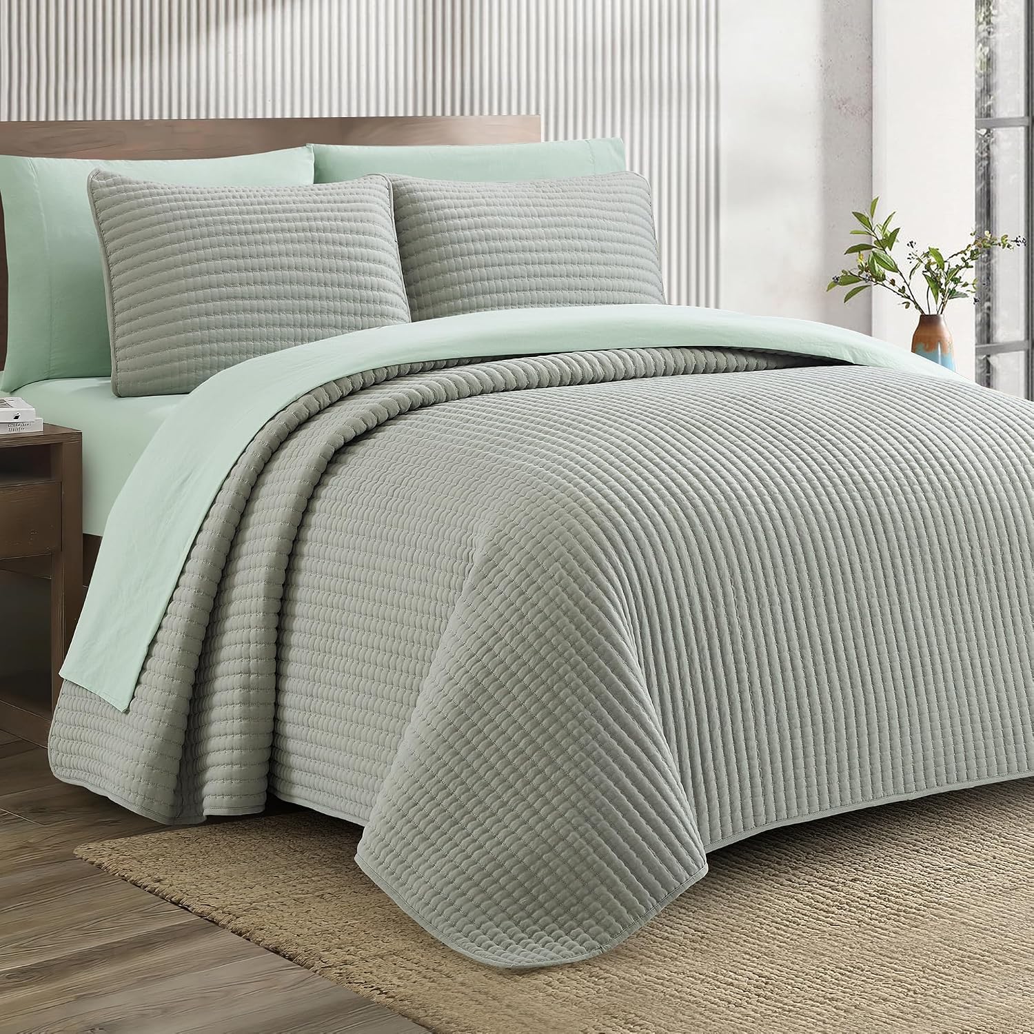 LANCO MODERN LIFESTYLE 7 Piece King Quilt Set, Sage, Microfiber Solid Striped Bedding Set, Soft and Luxury Bed in a Bag, Includes Quilt, Pillow Shams, Flat Sheet, Fitted Sheet, and Pillowcases