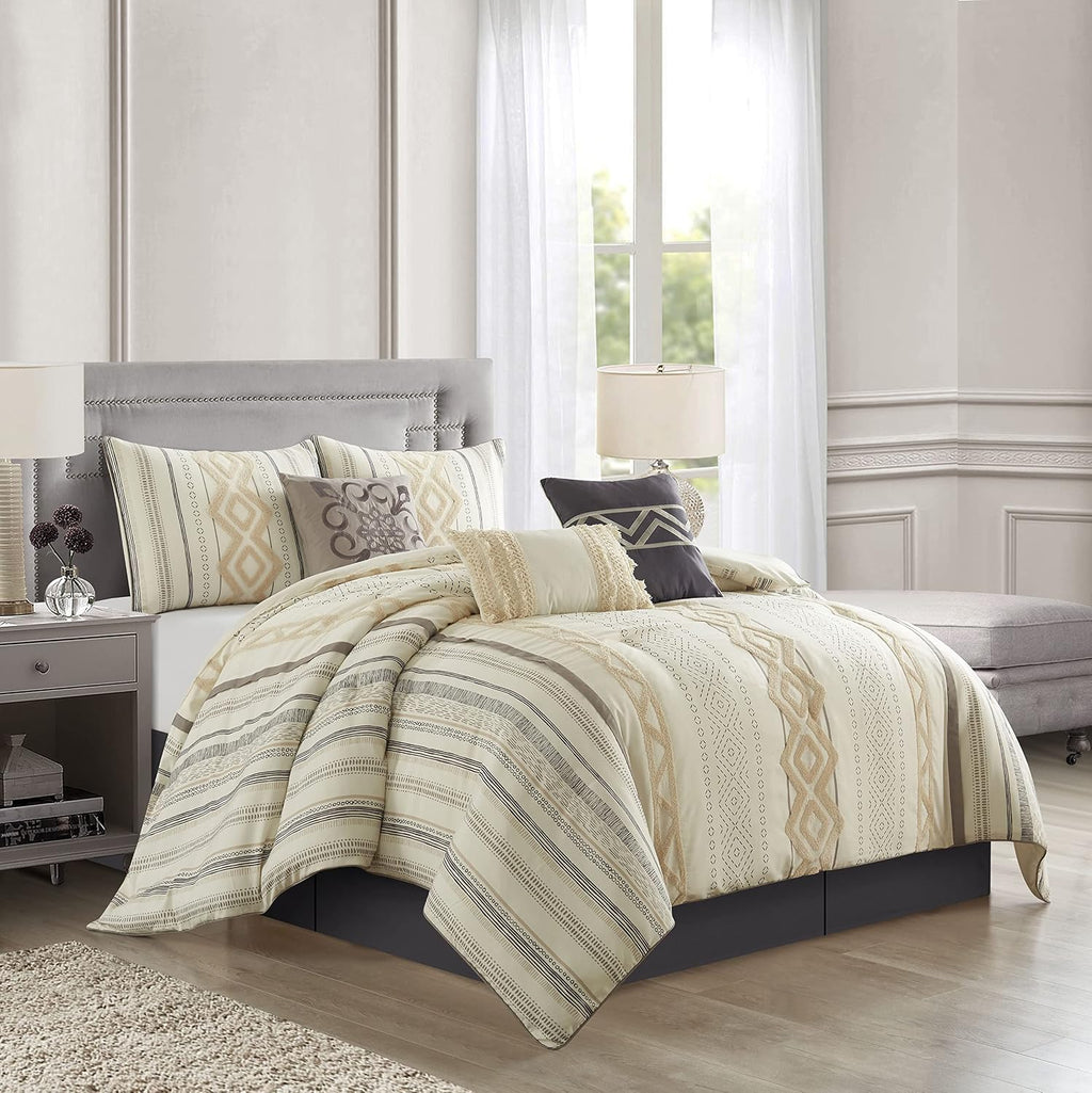 Stratford Park Beige/Ivory Boho Geometric California King Comforter Set, 7 Piece, Print & Terry Embroidery Home Decor, Premium Lightweight Microfiber