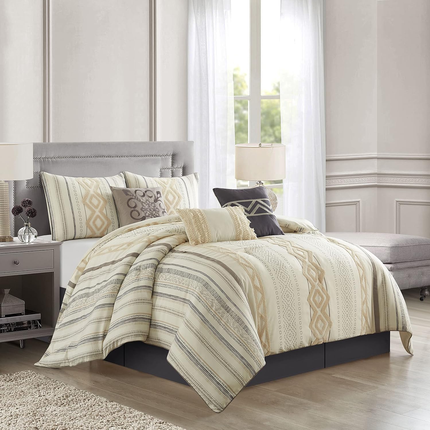 Stratford Park Beige/Ivory Boho Geometric California King Comforter Set, 7 Piece, Print & Terry Embroidery Home Decor, Premium Lightweight Microfiber