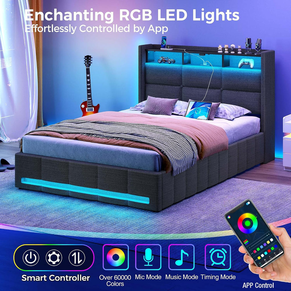Rolanstar Bed Frame Twin Size with Lift Up Storage, Charging Station & LED Lights, Upholstered Storage Headboard, Heavy Duty Wooden Slats, No Box Spring Needed, Noise Free, Easy Assembly, Dark Grey