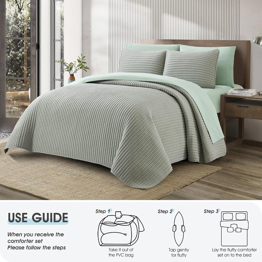 LANCO MODERN LIFESTYLE 7 Piece King Quilt Set, Sage, Microfiber Solid Striped Bedding Set, Soft and Luxury Bed in a Bag, Includes Quilt, Pillow Shams, Flat Sheet, Fitted Sheet, and Pillowcases