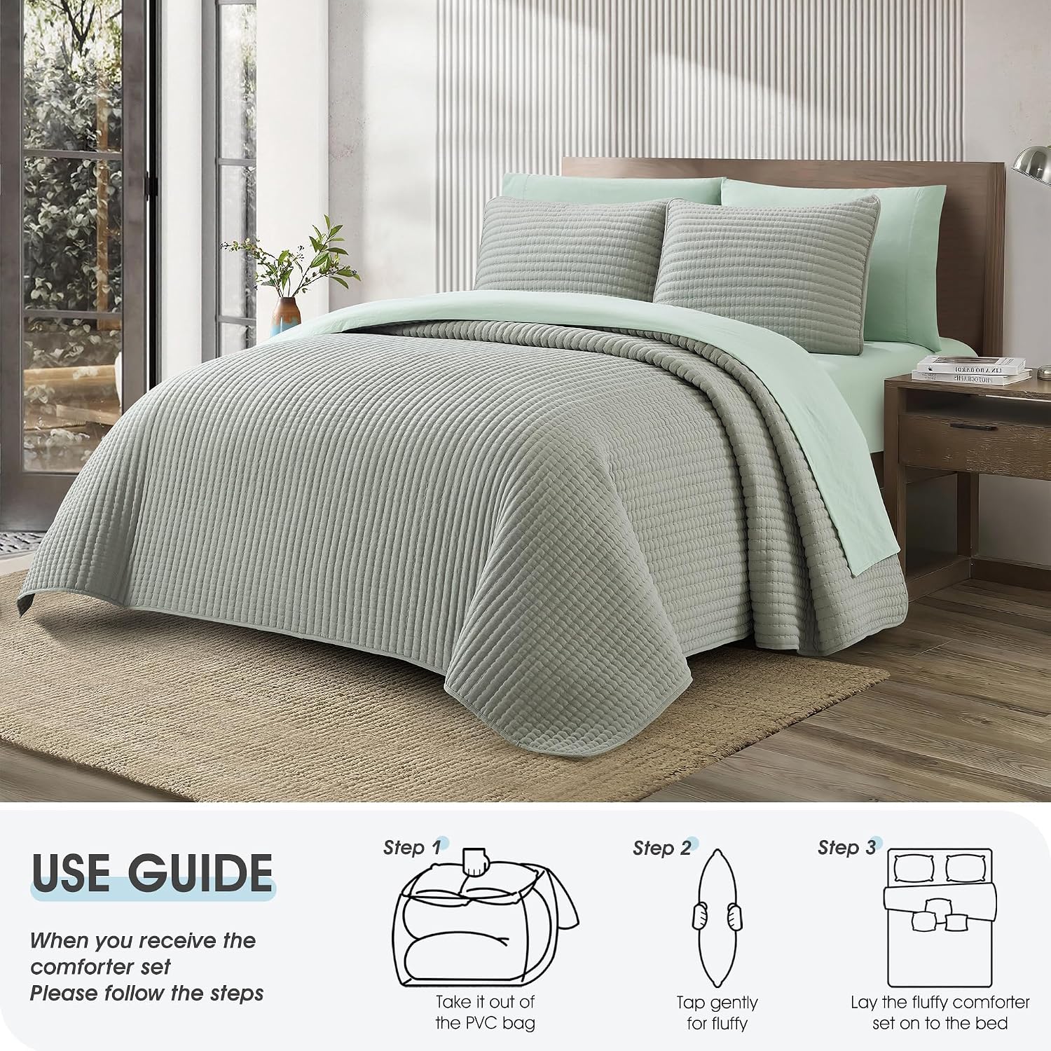 LANCO MODERN LIFESTYLE 7 Piece King Quilt Set, Sage, Microfiber Solid Striped Bedding Set, Soft and Luxury Bed in a Bag, Includes Quilt, Pillow Shams, Flat Sheet, Fitted Sheet, and Pillowcases