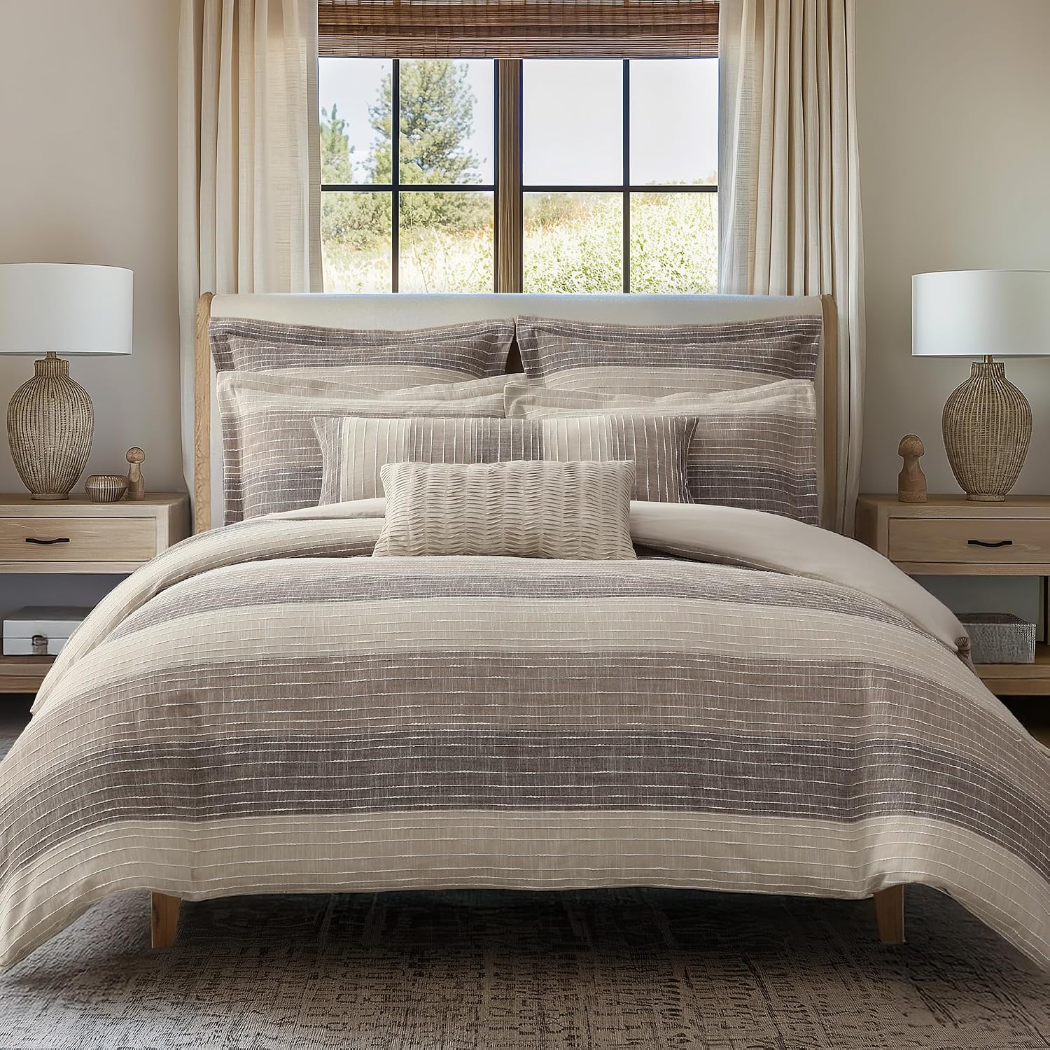 Levtex Home Sand Stripes Chocolate Full/Queen Comforter Set (90x94in) with 2 Pillowcases (26x20in) - Woven Jacquard Stripe - Brown, Tan, White - Cotton Full/Queen Size Comforter Set - Soft, Pre-Washed