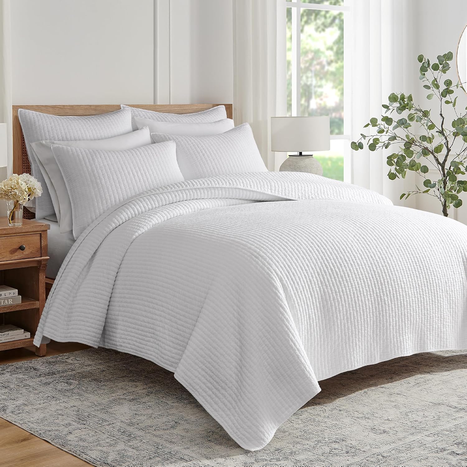 Levtex Home Cross Stitch Reversible Twin XL/Twin Quilt Set (68x86in) with 1 Pillow Sham (26x20in) - Stitch Texture - Bright White - Cotton Twin Size Quilt Bedding Set - Lightweight, Soft, Pre-Washed