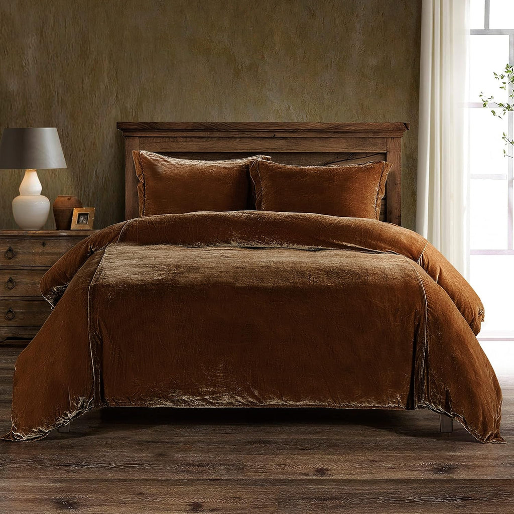 HiEnd Accents Stella Faux Silk Velvet 3 Piece Duvet Cover Set with 2 Pillow Shams, King, Copper Brown, Romantic Western Modern Traditional Style Bedding, 1 Comforter Cover and 2 Pillow Cases
