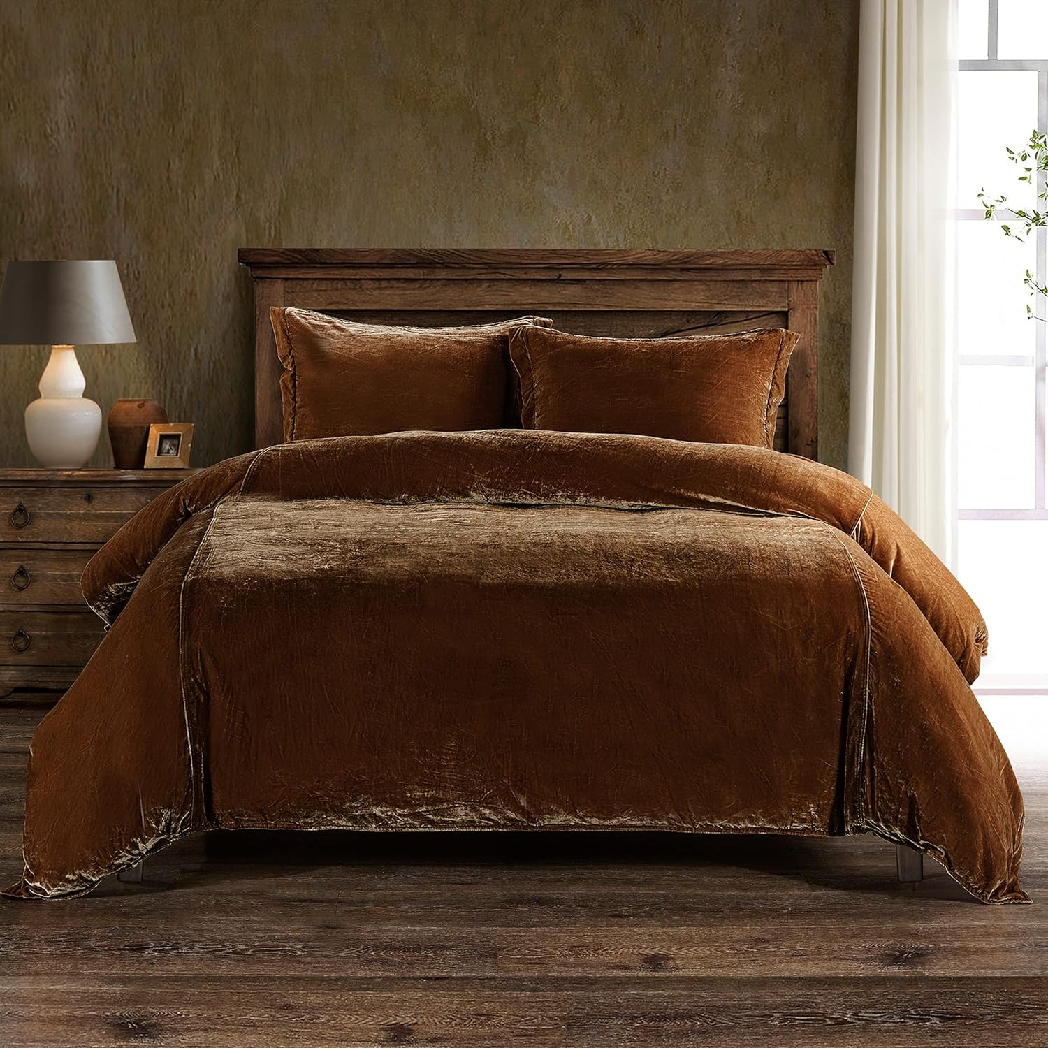 HiEnd Accents Stella Faux Silk Velvet 3 Piece Duvet Cover Set with 2 Pillow Shams, King, Copper Brown, Romantic Western Modern Traditional Style Bedding, 1 Comforter Cover and 2 Pillow Cases