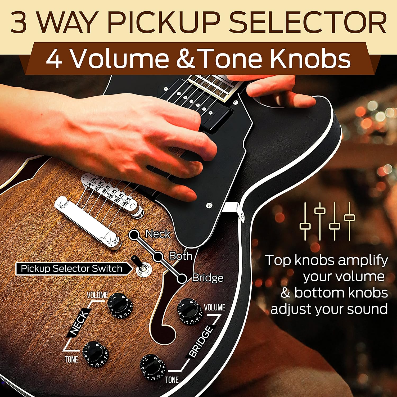 Pyle Semi Hollow Body Electric Guitar Set, 41.8' Full Size Jazz Instrument Kit with Gig Bag and Accessories, Matte Sunburst