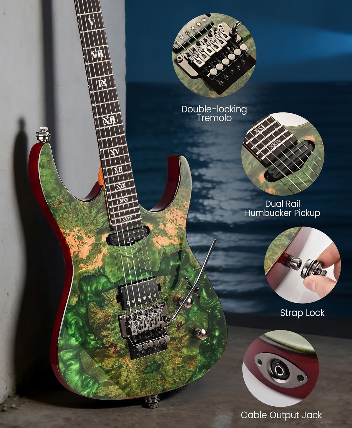 Leo Jaymz Tsunami Deluxe Mahogany Body & Roasted Maple Neck, HH Pickups with Rail, Double-Locking Tremolo, 24 Frets(Green)