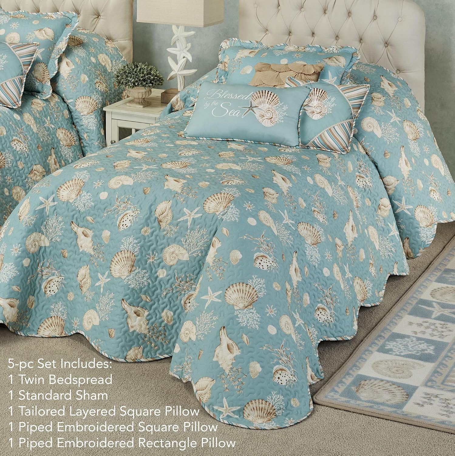 Seabreeze Coastal Beach Polyester Bedding | All Season Quilted | Shell Starfish Coral Stripe | Aqua Teal Ivory Cream | 5 Pc Set: Twin Bedspread, 1 Standard Sham, 2 Square Pillows, 1 Rectangle Pillow