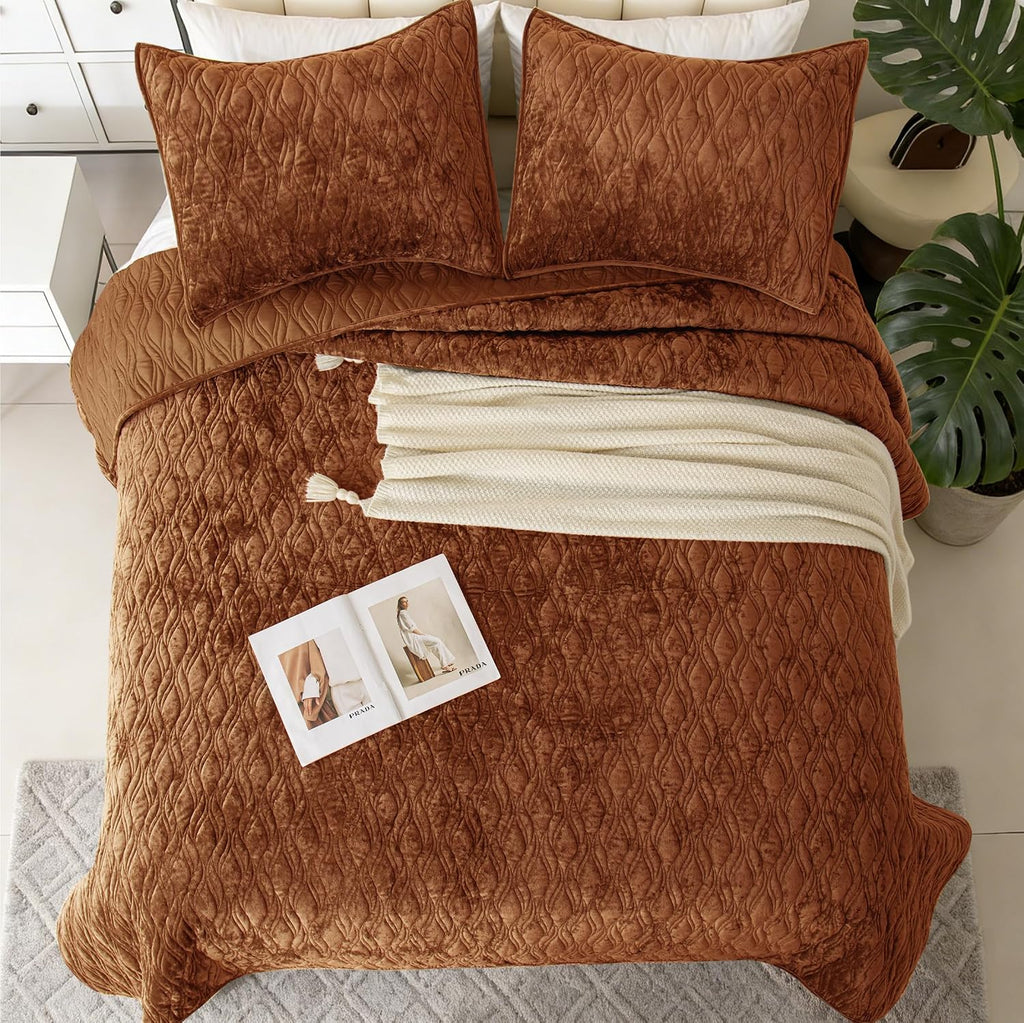 Luxury Oversized King Quilt 120x120 Bedspreads Coverlet Bedding Set Velvet Comforter King Size 3 Pieces Set with 1 Quilted Beauty Bedspreads and 2 Pillow Shams 20x36,Caramel