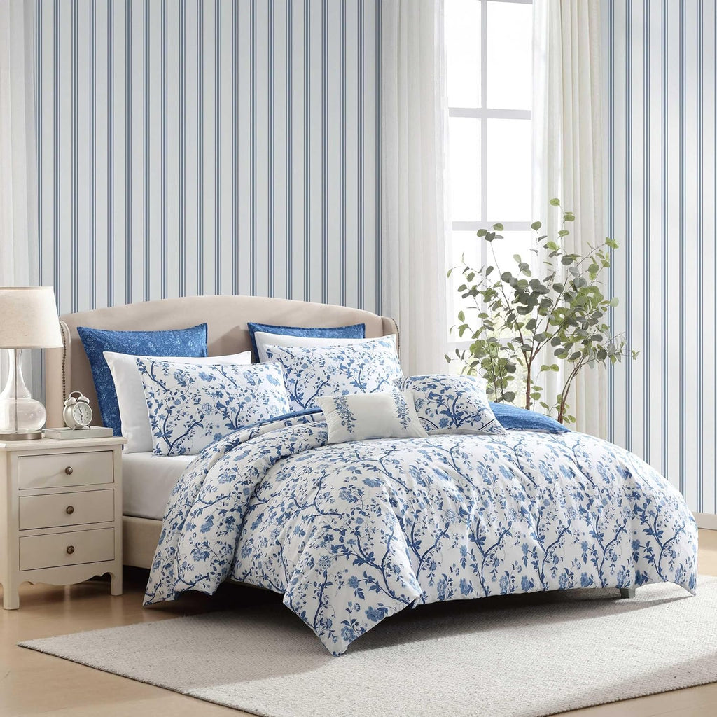 Laura Ashley - King Comforter Set, Reversible Cotton Bedding, Includes Matching Shams with Bonus Euro Shams & Throw Pills (Elise Blue, King)