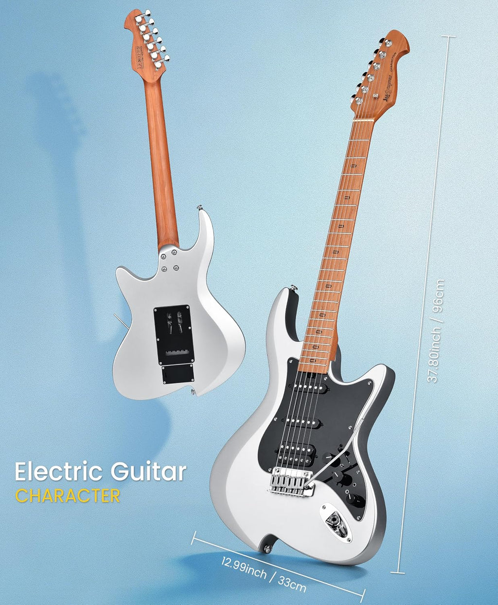 Leo Jaymz Character Series Electric Guitar with Roasted Maple Neck, SSH Active Pickups, Built-in Multi-Effects & Vintage Tremolo(Matte Silver)