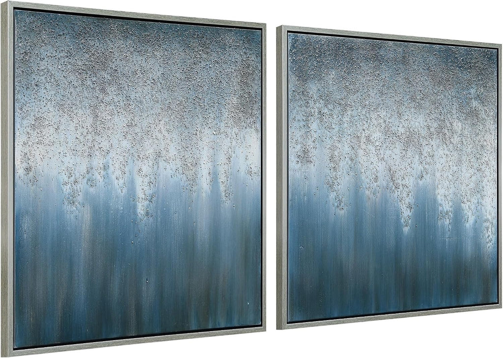 Empire Art Direct Abstract Wall Art Textured Hand Painted Canvas by Martin Edwards, Diptych, 36' x 36' each, Blue Rain