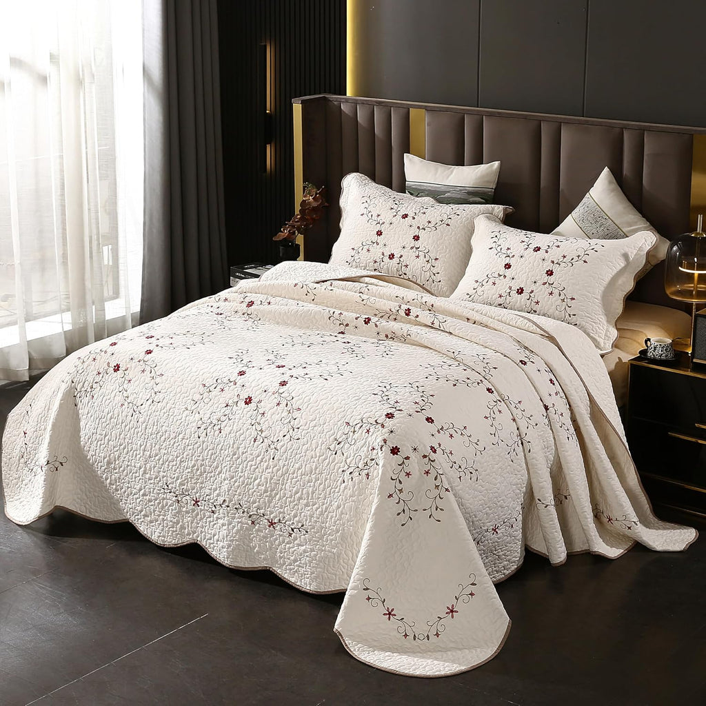 ROOMLIFE Quilt Set Floral Leaves 3D Embroidery Pattern 3 PCS Cotton Reversible Quilted Embroidered Decorative Bedspreads Coverlet Set, Lightweight &Soft Queen Size Bedding Coverlet for All Season
