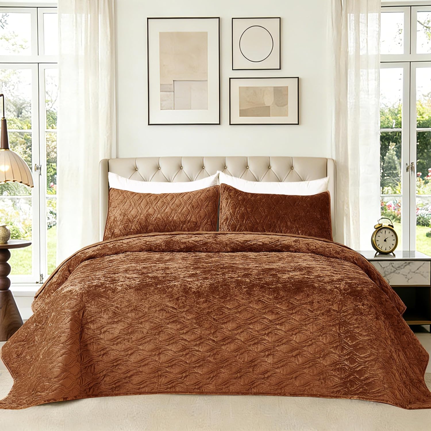 Luxury Oversized King Quilt 120x120 Bedspreads Coverlet Bedding Set Velvet Comforter King Size 3 Pieces Set with 1 Quilted Beauty Bedspreads and 2 Pillow Shams 20x36,Caramel