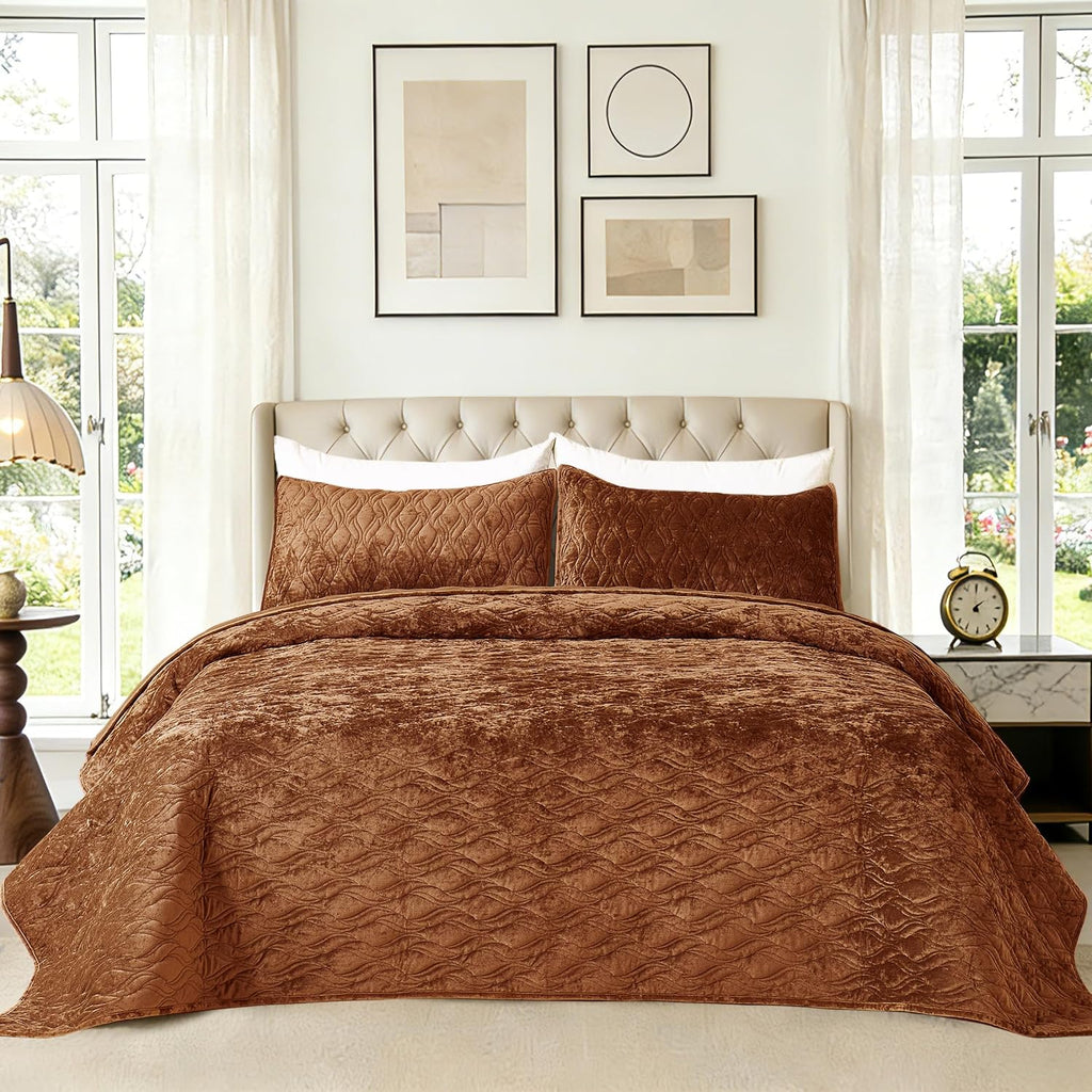California King Size Bedding Set 106x118 Beauty Solid 3PS Velvet Quilted Comforter Set Texture Soft Bedspread Coverlet Modern Home Style All Season Use,Caramel
