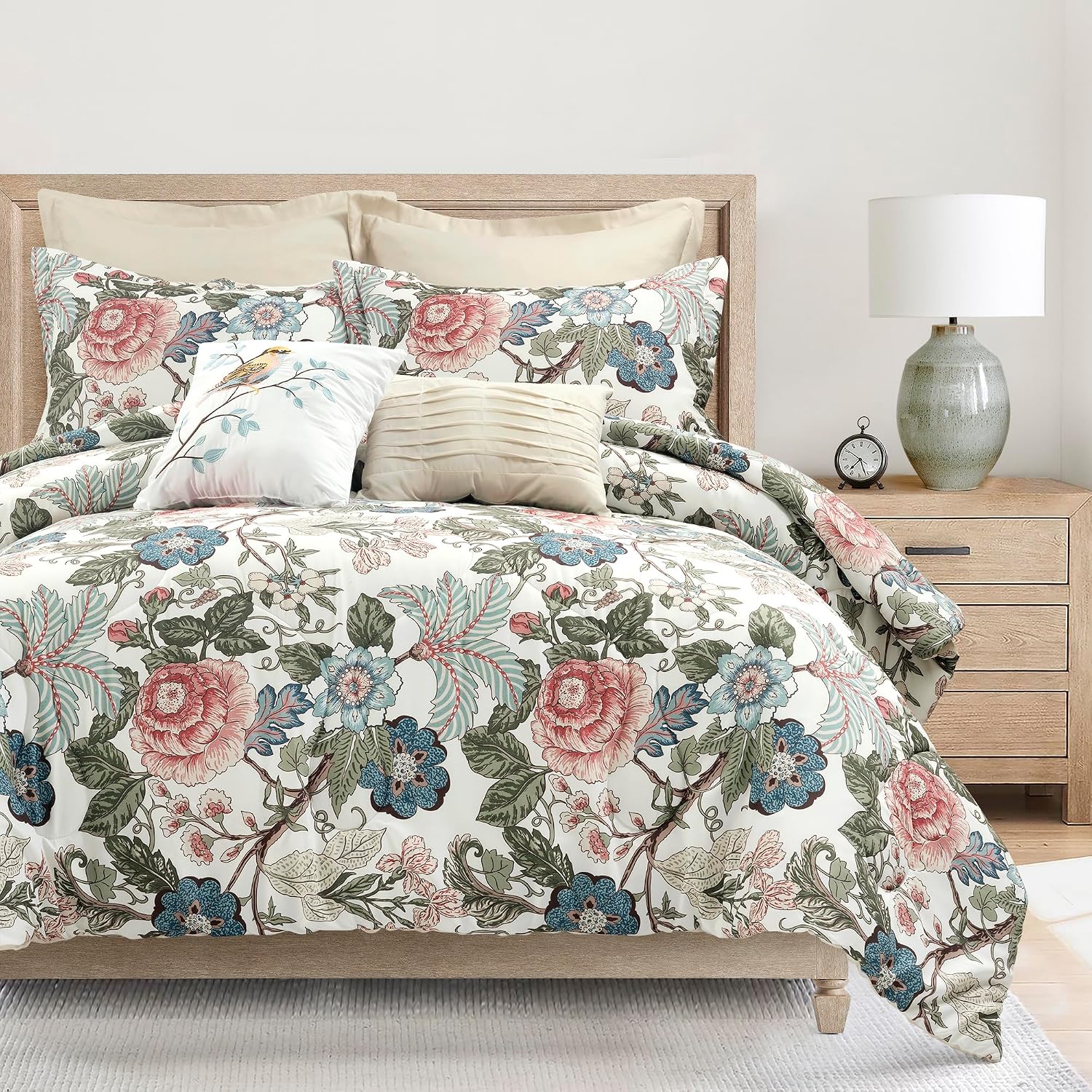 Lush Decor Sydney Floral Comforter Set, 7 Piece Set, Full/Queen, Green & Blue - Fully Styled Bedding Queen Size Comforter Set - Colorful Floral Print - Cottage Core Decor - Coquette Bedding