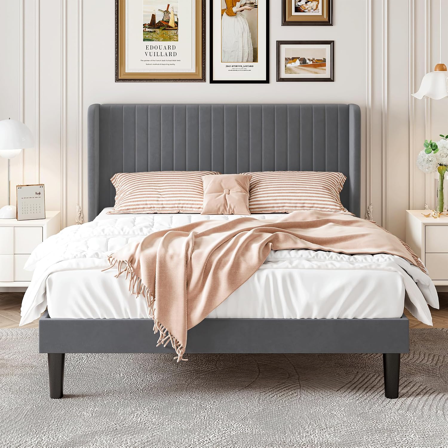 SHA CERLIN Queen Size Velvet Bed Frame with Vertical Channel Tufted Wingback Headboard, Upholstered Platform Bed with Wood Slats, No Box Spring Needed, Easy Assembly, Grey