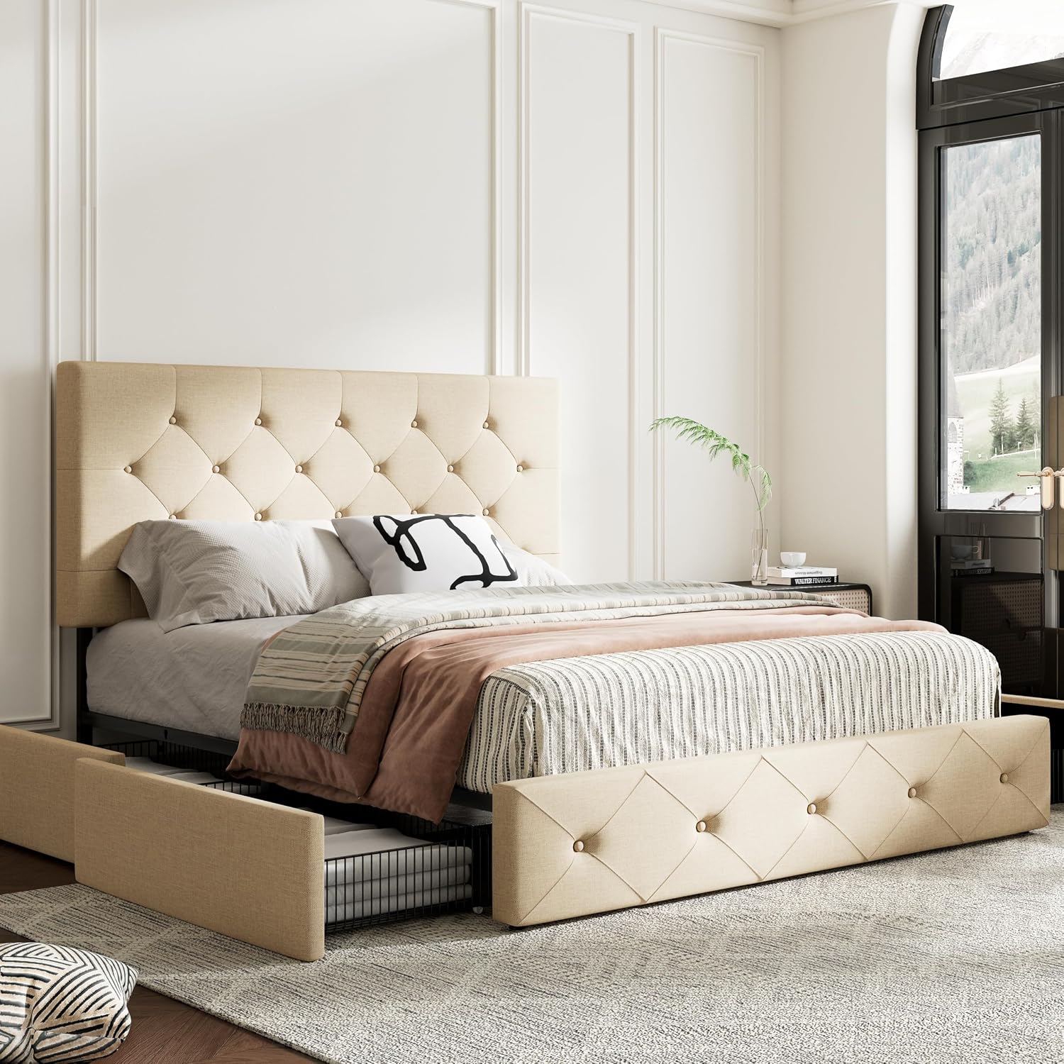 MUTICOR Full Size Bed Frame with 4 Storage Drawers, Upholstered Platform Bed with Button Tufted Adjustable Headboard, No Box Spring Needed, Easy Assembly, Diamond Tufted, Beige Fabric