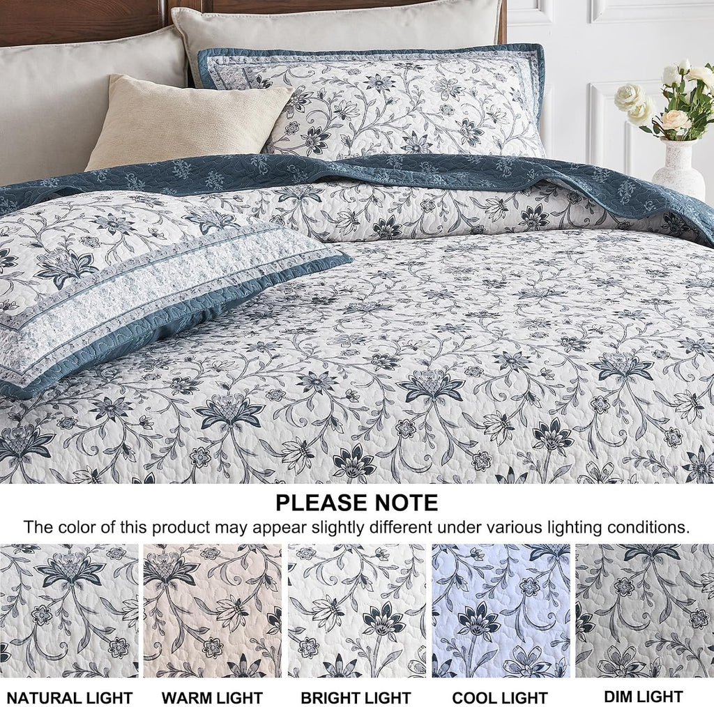 Oversized Queen Bedspreads 120'x102' - 100% Cotton Super King Quilt, Farmhouse Blue Floral Pattern, Extra Large Quilted Coverlet, Lightweight Reversible XL Bedding Set, 3 Pcs