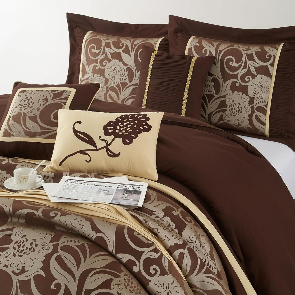 Grand Avenue Brown Gold Comforter Set King Size, 7 Piece Jacquard Floral Bedding Set, All Season, Ultra-Soft, Matching Pillows & Shams, Bed Skirt