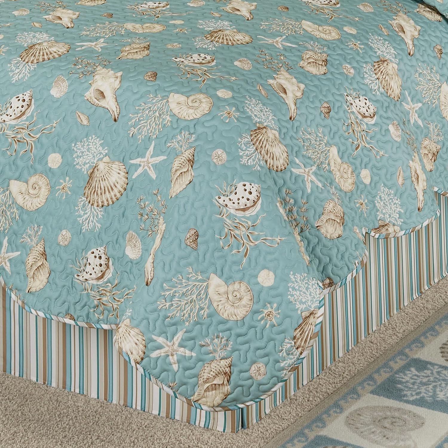 Seabreeze Coastal Beach Bedding | All Season Quilted | Shell Starfish Coral Stripe | Aqua Teal Ivory Cream | 7 Pc Set: Queen Quilt, 2 Standard Shams, Bedskirt, 2 Square Pillows, Rectangle Pillow