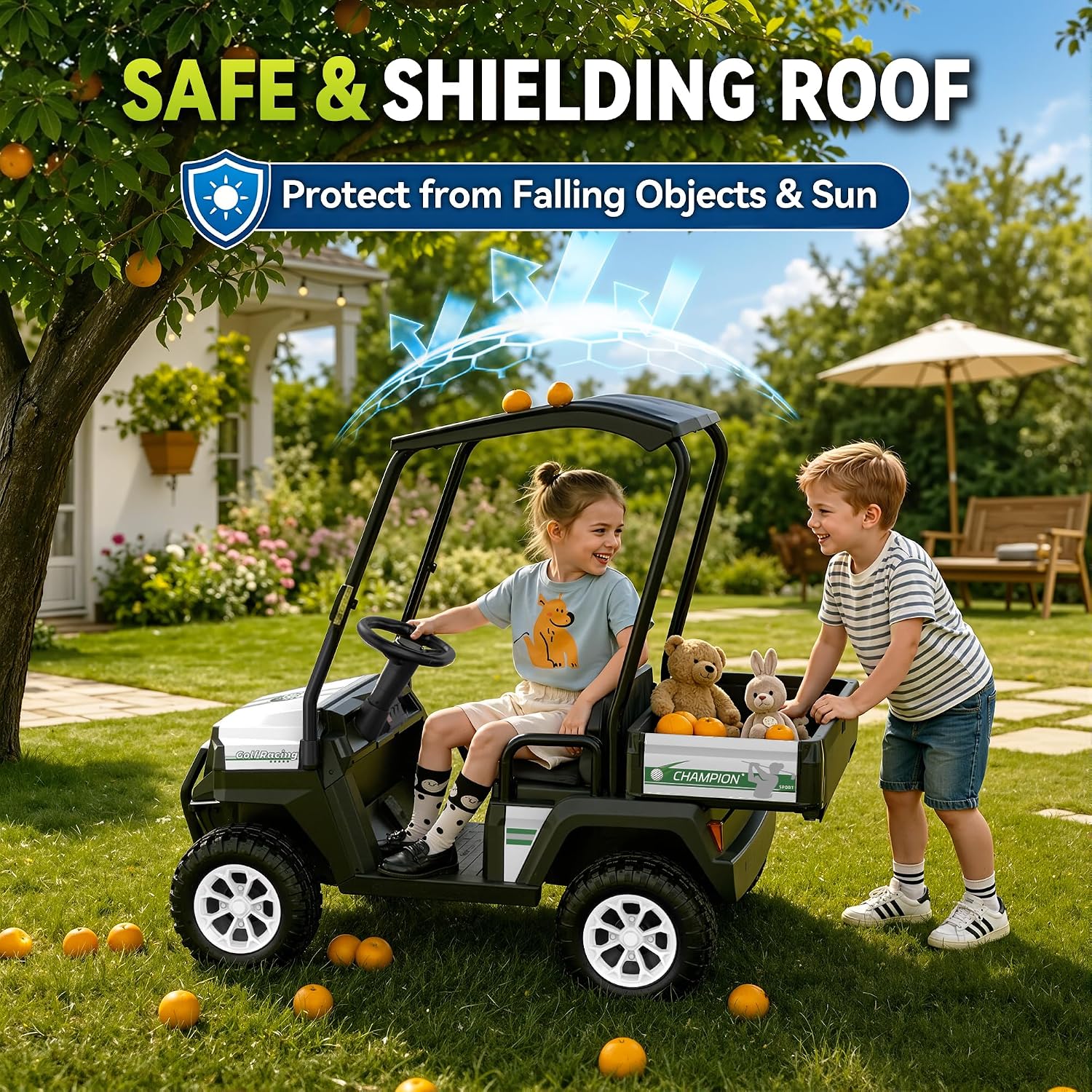 24V Kids Golf Cart w/Detachable Awning–4WD 2 Seater Ride on Car w/Large Storage Trunk, Remote Control, 3 Speeds, Music Player, LED Lights, Ride On Toys, Gift for Kids Ages 3-8(White)