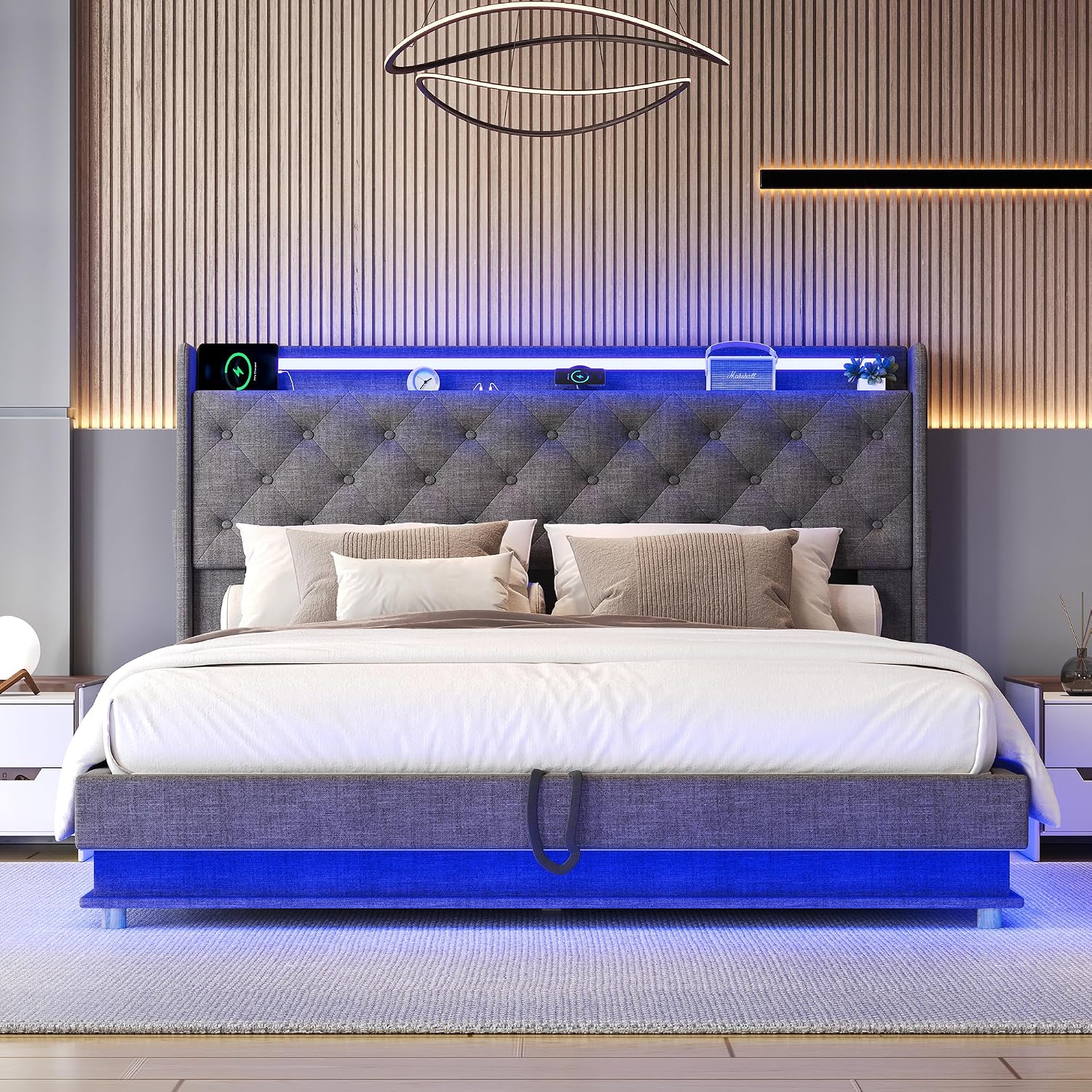 Ailisite Lift Up Storage Queen Bed, Upholstered Platform Bed with Button Tufted Wingback Storage Headboard, Bed Frame Queen Size with Led Lights and Charging Station, No Box Spring Needed, Grey