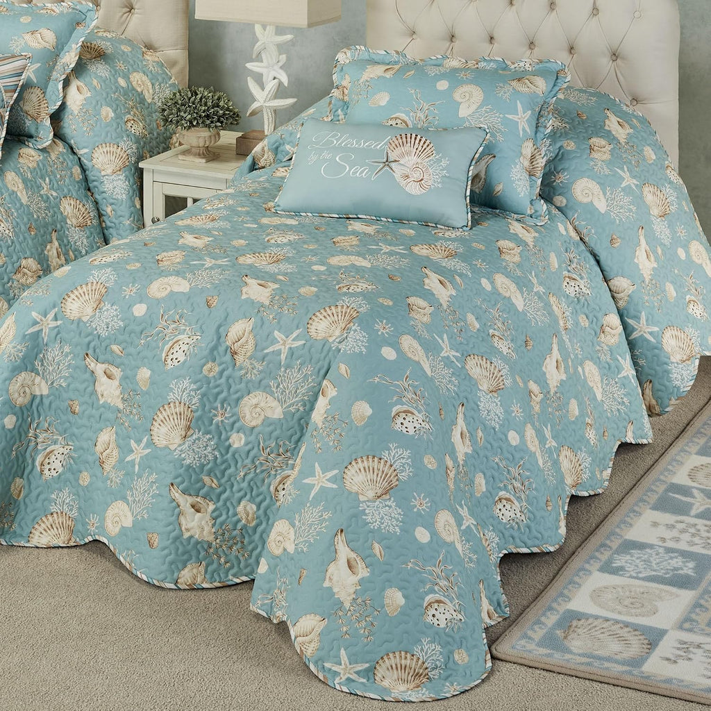 Touch of Class Seabreeze Coastal Beach Polyester Microfiber Bedding | All Season Quilted | Shell Starfish Coral Stripe | Aqua Teal Ivory Cream | 2 Pc Set: Twin Bedspread and 1 Standard Sham