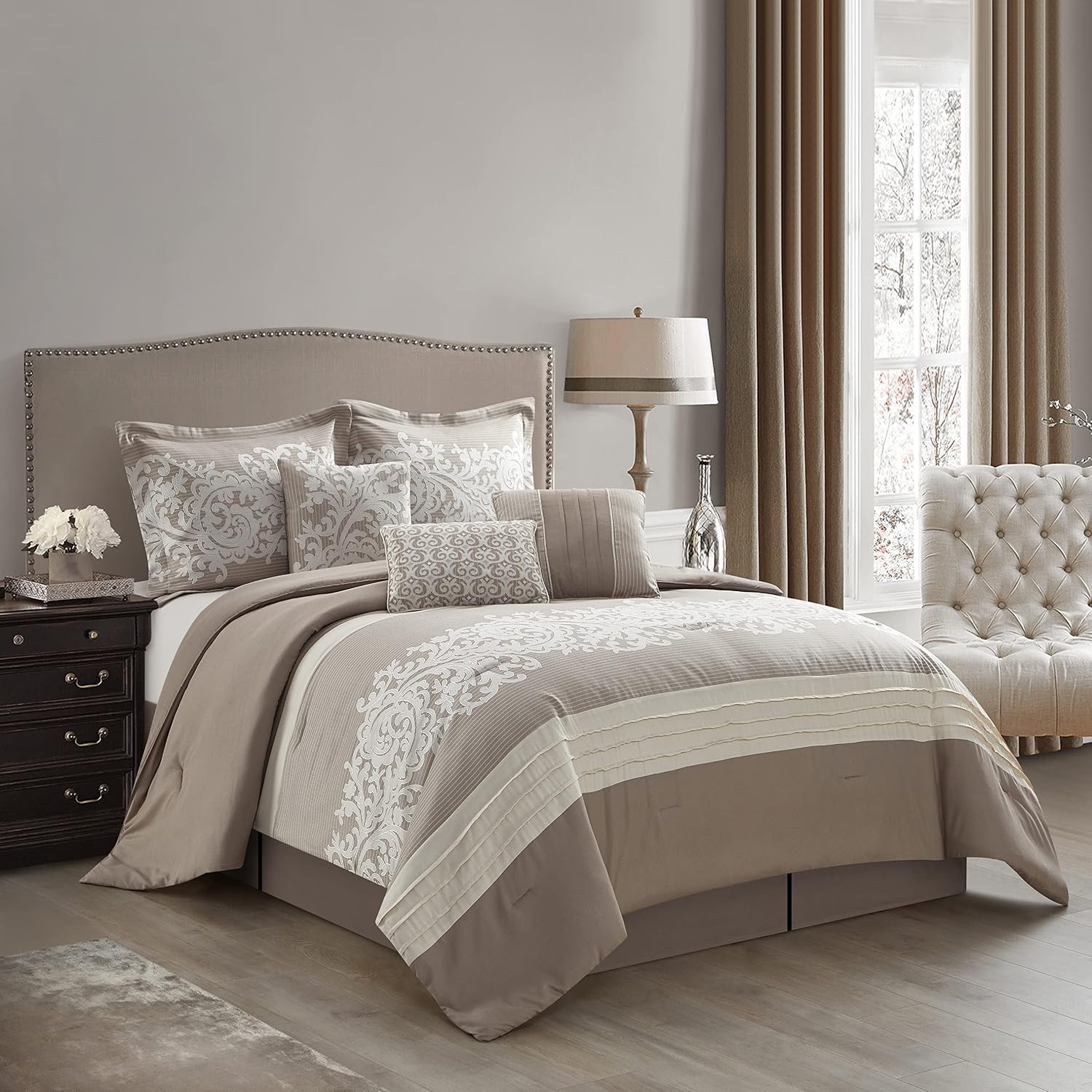 Grand Avenue Taupe Comforter Set Queen Size, 7 Piece, Bedding Comforters & Sets, Pillow Shams Bedskirt, Jacquard Floral Beddings
