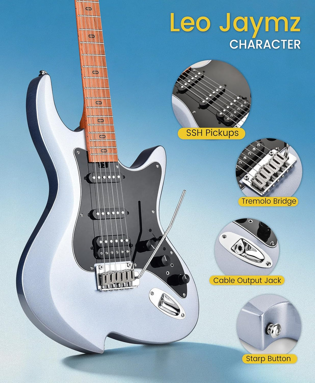 Leo Jaymz Character Series Electric Guitar with Roasted Maple Neck, SSH Active Pickups, Built-in Multi-Effects & Vintage Tremolo (Blue)