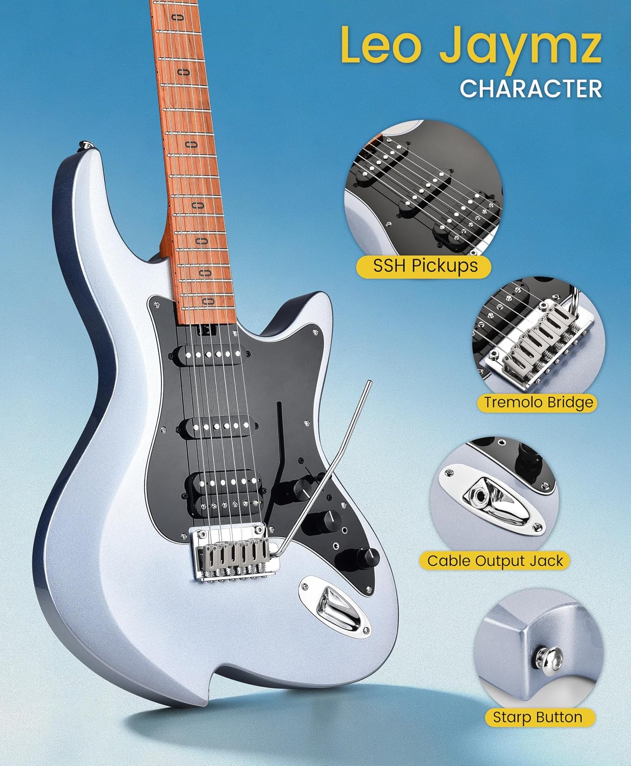 Leo Jaymz Character Series Electric Guitar with Roasted Maple Neck, SSH Active Pickups, Built-in Multi-Effects & Vintage Tremolo (Blue)