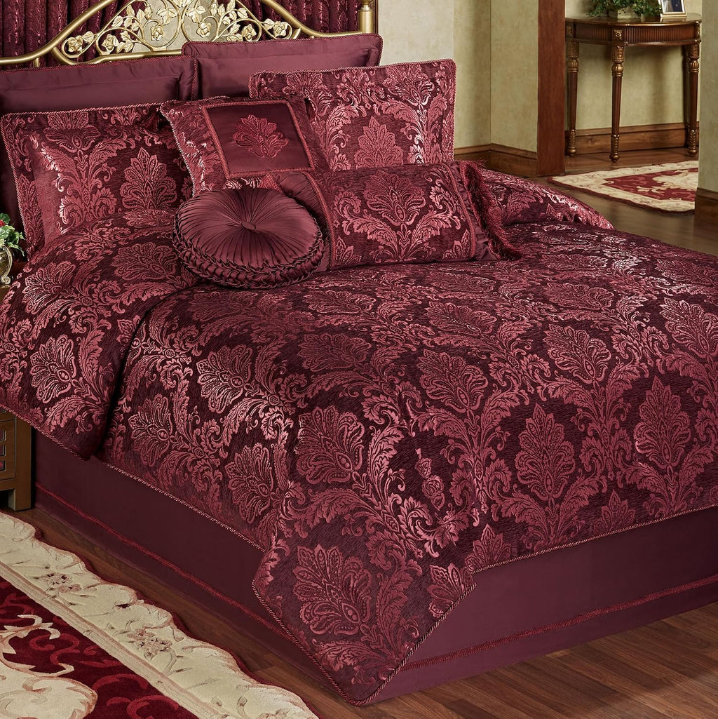 Touch of Class Camelot Luxury Bedding | Robust Burgundy | Matte Satin Damask on Richly Textured Jacquard-Woven Chenille Design | 4 Piece Set Includes Cal King Comforter, Bedskirt, and 2 King Shams