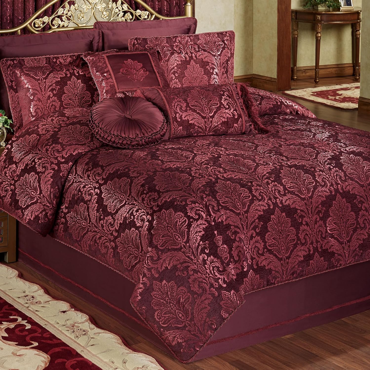 Touch of Class Camelot Luxury Bedding | Robust Burgundy | Matte Satin Damask on Richly Textured Jacquard-Woven Chenille Design | 4 Piece Set Includes Cal King Comforter, Bedskirt, and 2 King Shams