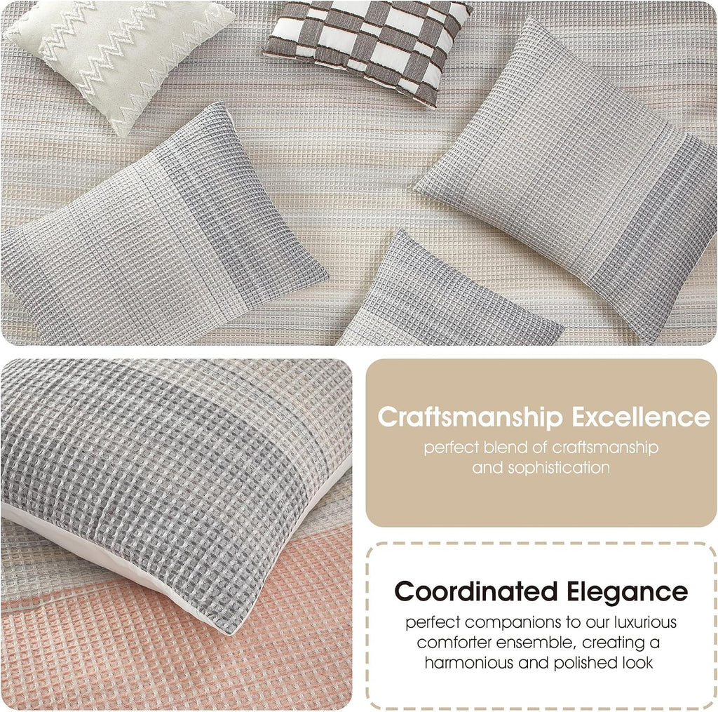 Grand Avenue Grey Waffle Jacquard Comforter Set King Size, 7 Piece Striped Bedding Set, All Season Home Decor, Matching Pillow Shams, Bedskirt, Decorative Pillows