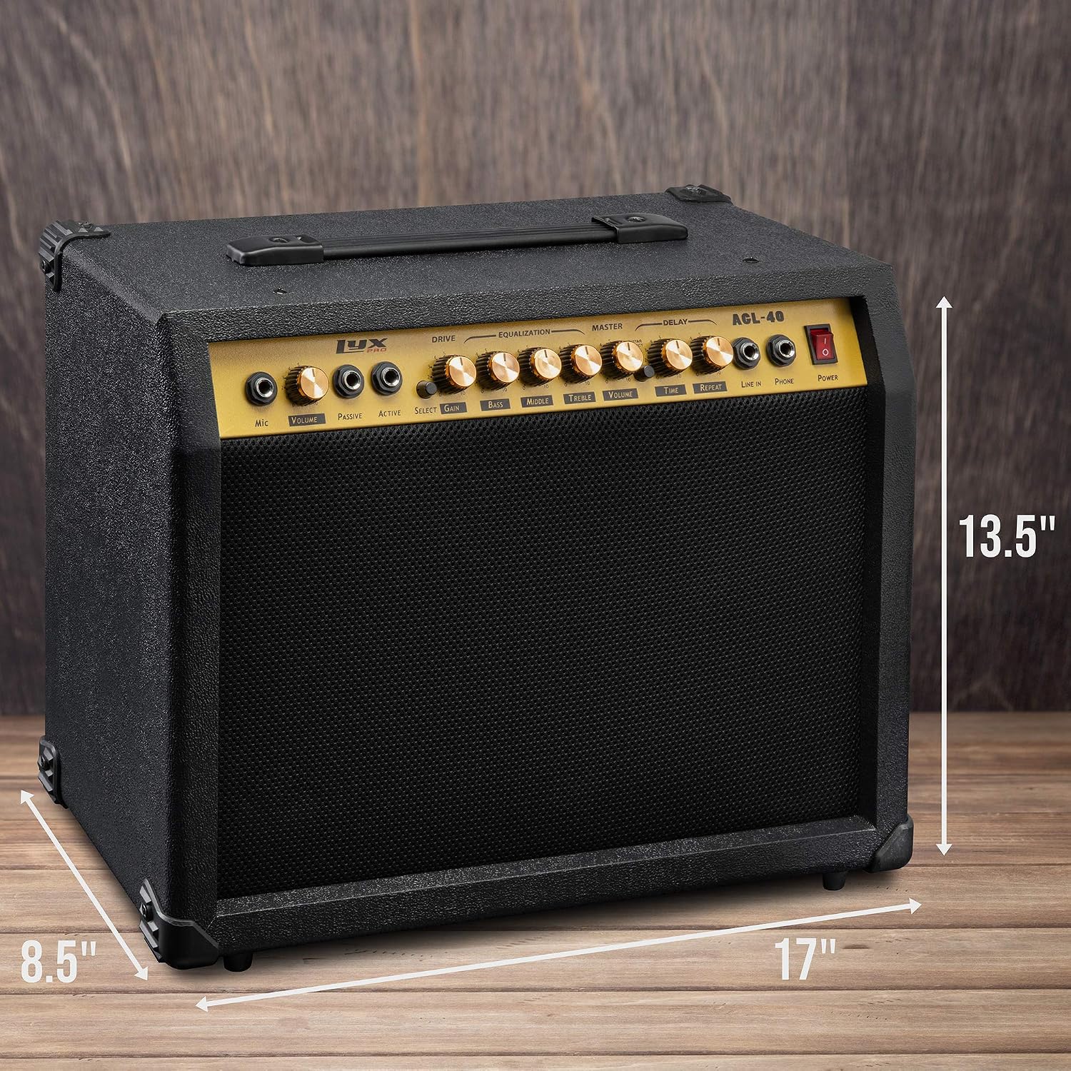 LyxPro 40 Watt Electric Guitar Amplifier | Combo Solid State Studio & Stage Amp with 8' 4-Ohm Speaker, Custom EQ Controls, Drive, Delay, ¼' Passive/Active/Microphone Inputs, Aux in & Headphone Jack