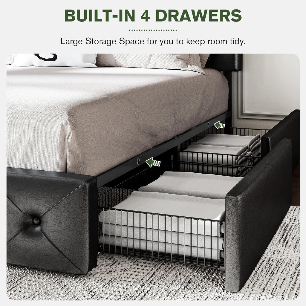 MUTICOR Full Size Bed Frame with 4 Storage Drawers, Upholstered Platform Bed with Button Tufted Adjustable Headboard, No Box Spring Needed, Easy Assembly, Diamond Tufted, Black Leather