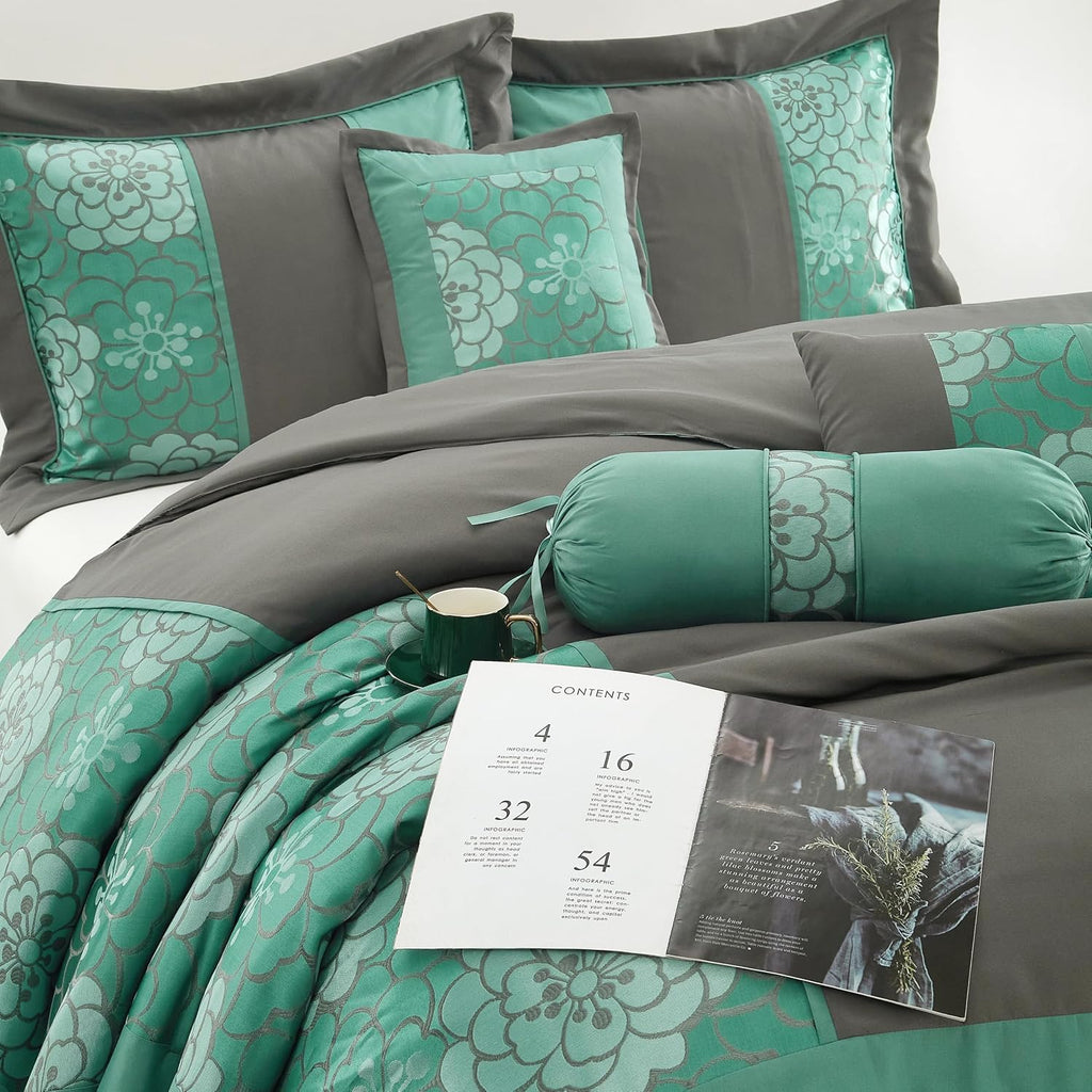 Grand Avenue Aqua Grey Comforter Set King Size, 7 Piece Jacquard Soft Bedding Set, All Season, Bedskirt, Pillows & Shams
