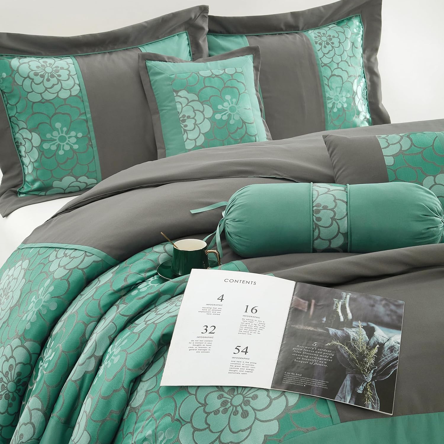 Grand Avenue Aqua Grey Comforter Set King Size, 7 Piece Jacquard Soft Bedding Set, All Season, Bedskirt, Pillows & Shams