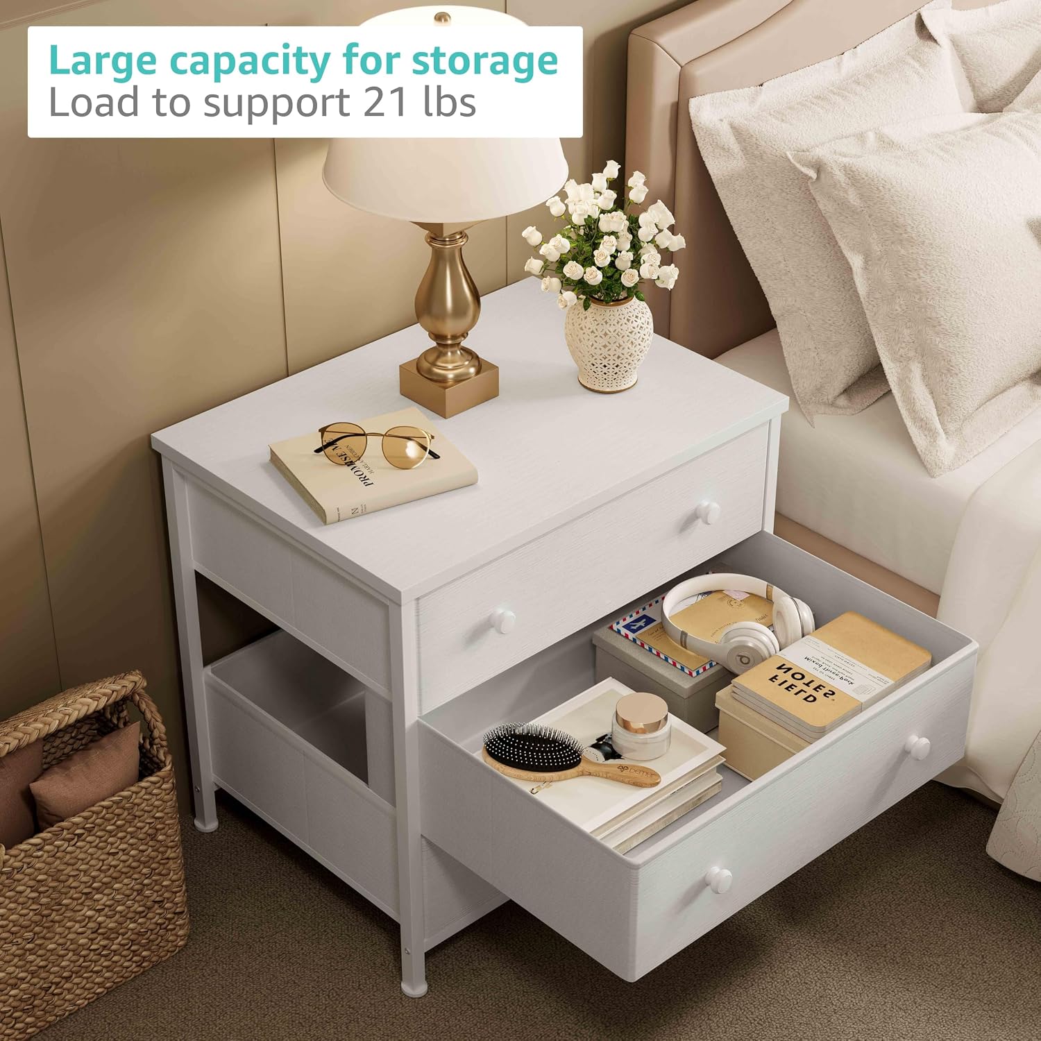 BOLUO White Nightstands Set of 2, Large Night Stand Fabric 3 Drawer Dresser for Bedroom Closet,Girls Modern
