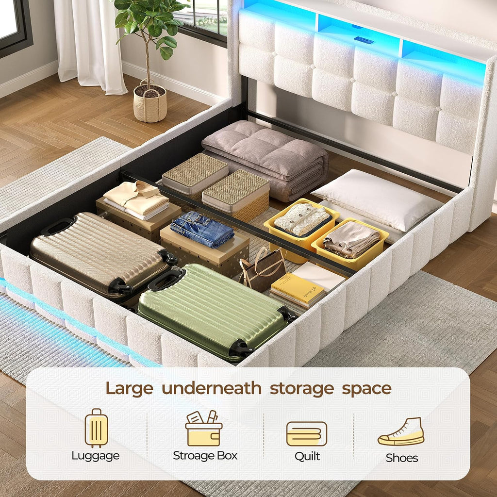 Rolanstar Bed Frame Full Size with Lift Up Storage, Charging Station & LED Lights, Upholstered Storage Headboard, Heavy Duty Wooden Slats, No Box Spring Needed, Noise Free, Easy Assembly, Beige