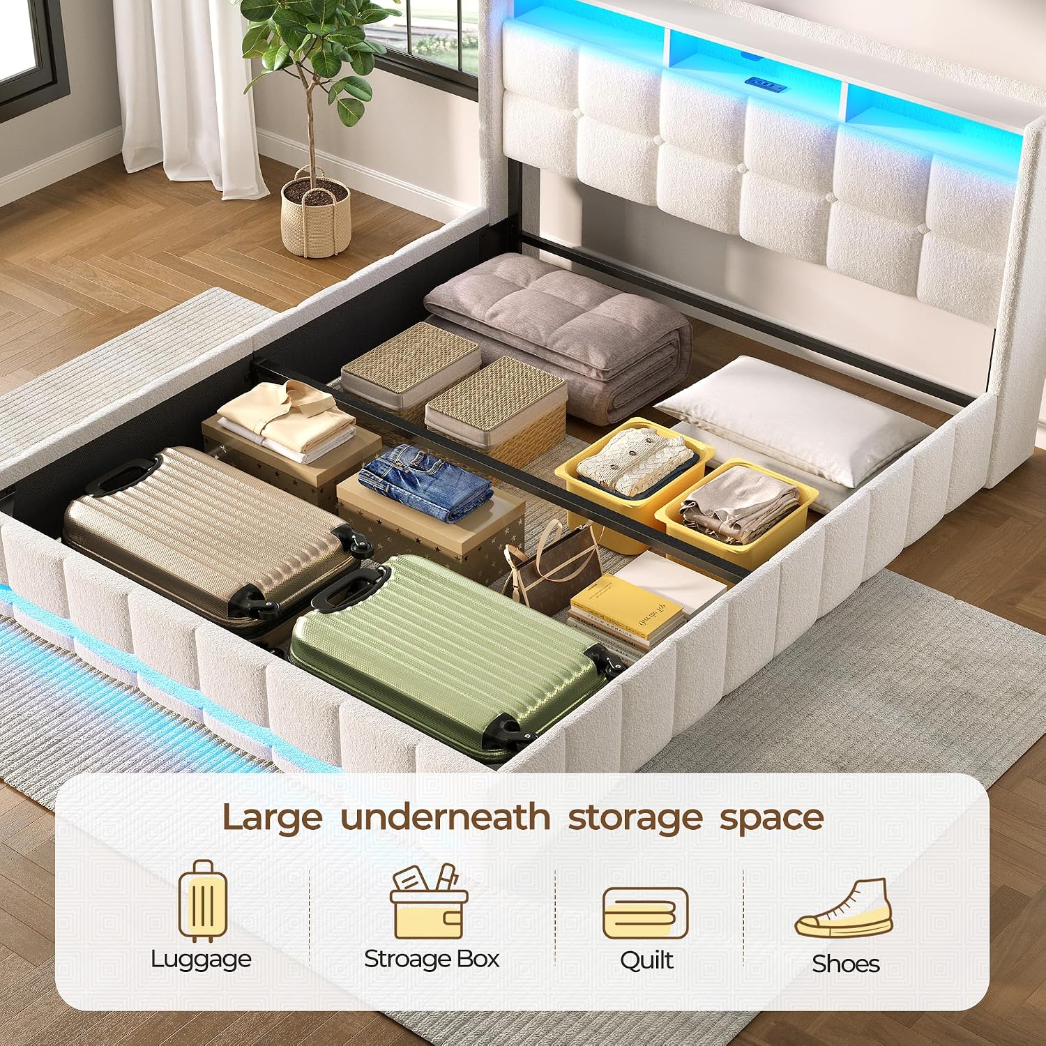 Rolanstar Bed Frame Full Size with Lift Up Storage, Charging Station & LED Lights, Upholstered Storage Headboard, Heavy Duty Wooden Slats, No Box Spring Needed, Noise Free, Easy Assembly, Beige