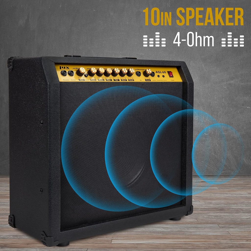 LyxPro 60 Watt Electric Guitar Amplifier | Combo Solid State Studio & Stage Amp with 10' 4-Ohm Speaker, Custom EQ Controls, Drive, Delay, ¼' Passive/Active/Microphone Inputs, Aux in & Headphone Jack