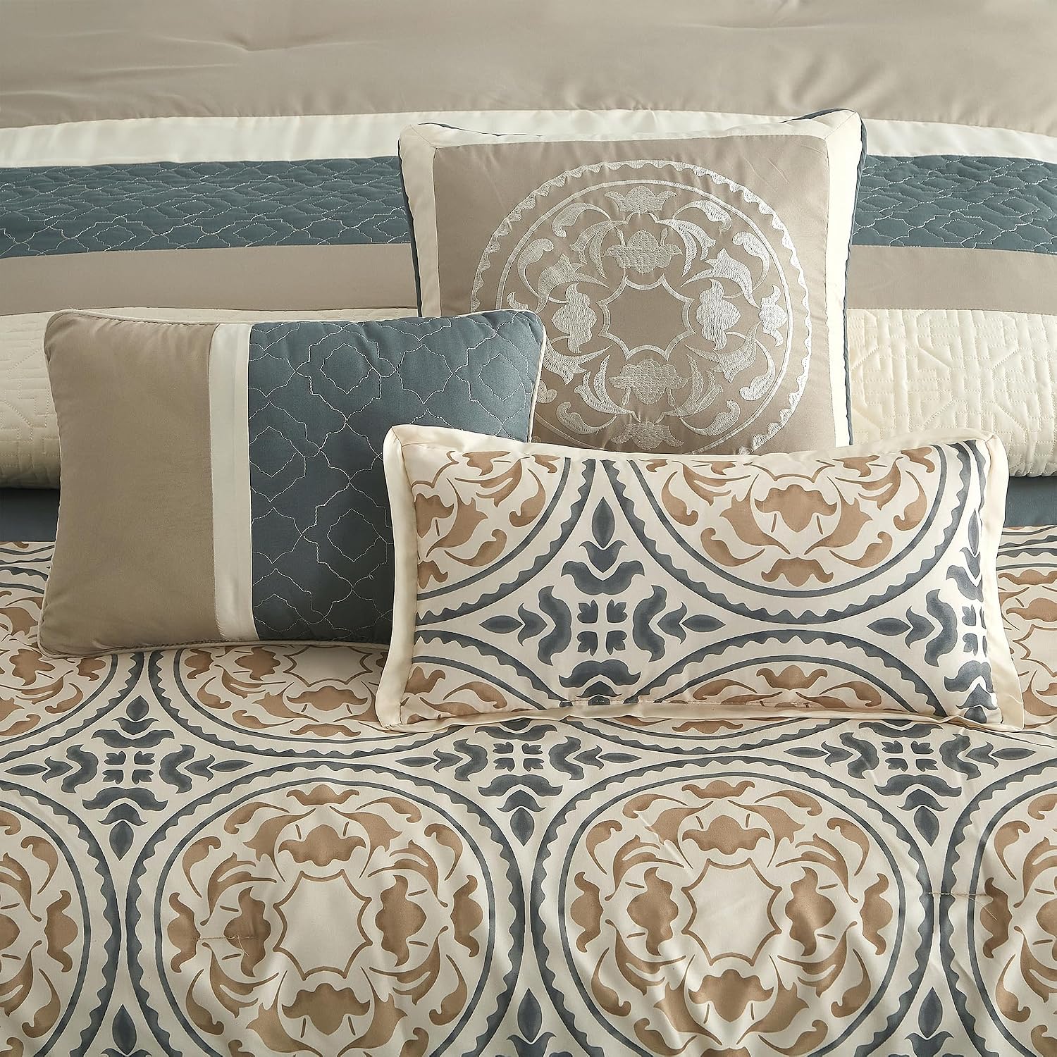 LANCO MODERN LIFESTYLE Queen Comforter Set, Green Taupe, Soft Microfiber Print Fabric Bedding Set, Luxury Home Decor, Bed in a Bag, 7 Pieces Included Comforter, Bedskirt, Shams and Decor Pillows