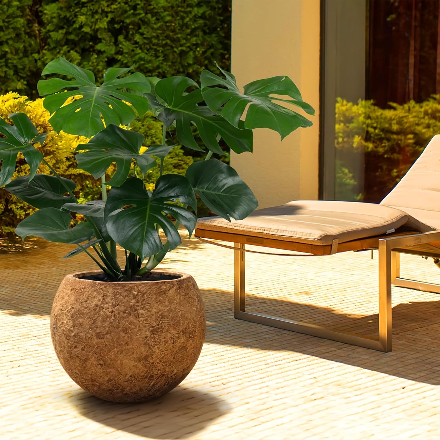 Panlaolao 17 H x 21' Dia (15' Pot Opening) Round Fiberstone Planter with Drainage Hole, Indoor/Outdoor Large Plant Pot for Home Patio Garden, Ideal for Large Plants-Camel